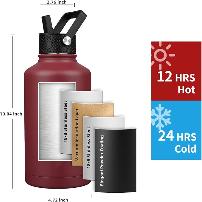 Insulated Water Bottle 64oz,Triple Wall Vacuum Stainless Steel(Dishwasher Safe),Leak Proof & Non-BPA,Flask Jug with Paracord Handle & Straw Spout Lids Sports