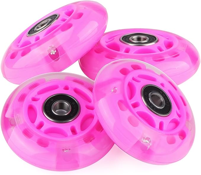 8pcs Inline Skate Wheels Led Light-Up Wheels 64/70/72/76/80mm w/Bushings 85-88A for Kids and Youth Beginners Children's Inline Skates Indoor/Outdoor Use (Pink, 70mm)
