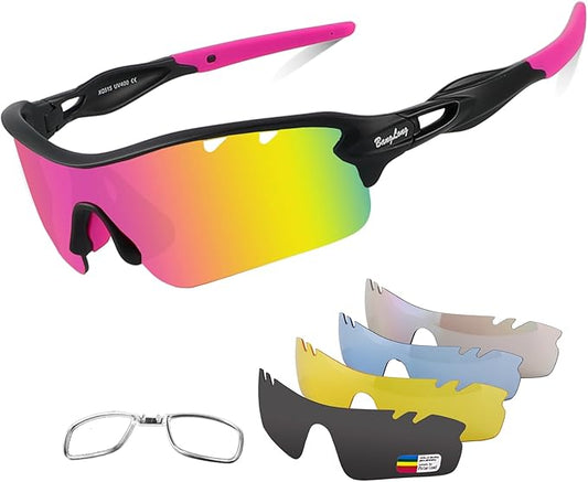 BangLong Polarized Sports Sunglasses Cycling Sun Glasses for Men Women with 5 Interchangeable Lenes for Running Baseball Golf