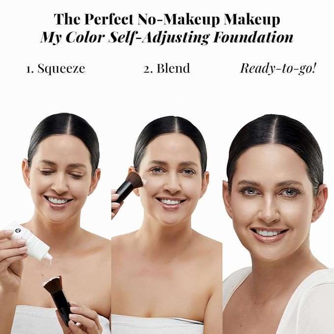 Jerome Alexander My Color Self-Adjusting Foundation, Hydrating & Lightweight Face Makeup, Skincare-Infused, with Kabuki Brush, Light, 1 oz