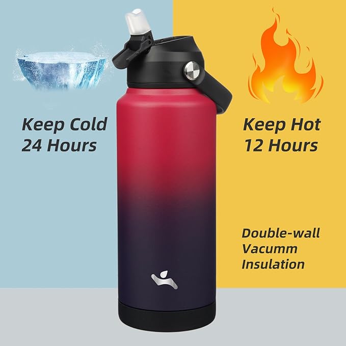 Insulated Water Bottle with Straw Lid,32 oz Stainless Steel Vacuum Metal Bottle with Silicone Handle,Rosy Red