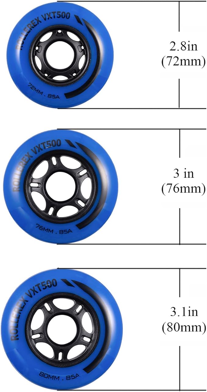 Rollerex VXT500 Inline Skate Wheels (8 Wheels w/Bearings, spacers and washers) (Various Size & Color Options Available) - for Indoor, Outdoor, Hockey - Intended for Roller Blade Wheel Replacement