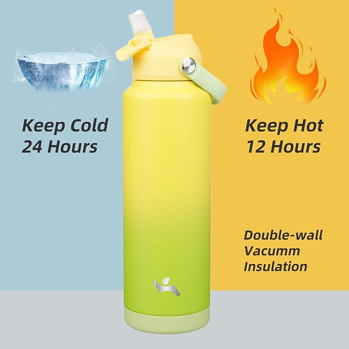 Insulated Water Bottle with Straw Lid,40 oz Stainless Steel Vacuum Metal Bottle with Silicone Handle,Lime