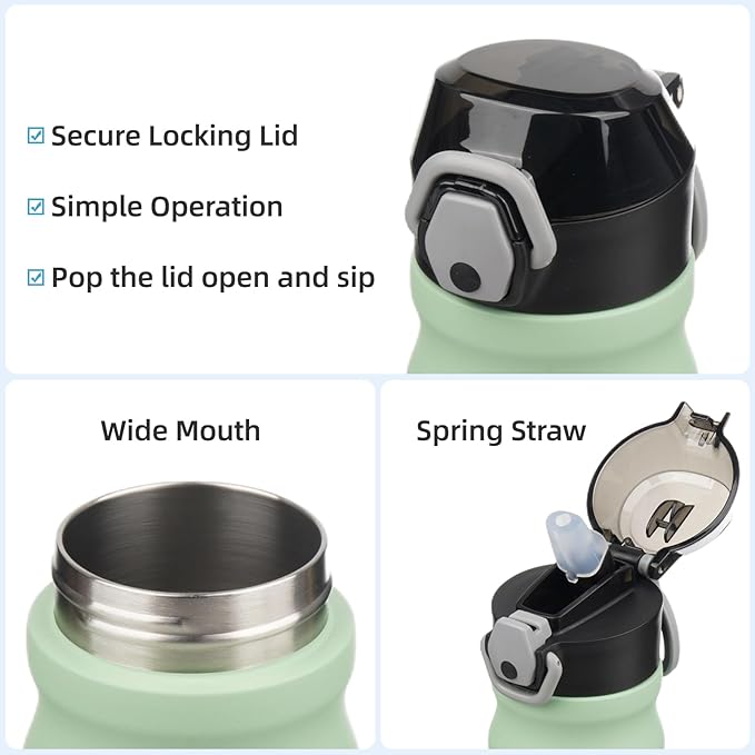 Insulated Water Bottle with Straw and Carry Loop,18 oz Stainless Steel Double Wall Vaccum Metal Water Flask with Leak-proof Lid, Avocado Green