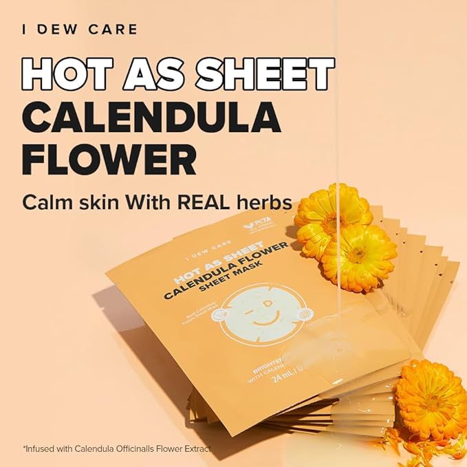 I DEW CARE Real Herb Calendula Sheet Face Mask - Hot As Sheet | Korean Face Masks Skincare, Moisturizing and Calming for Dry Skin with Calendula Flower Extract, 2% Niacinamide, 10EA