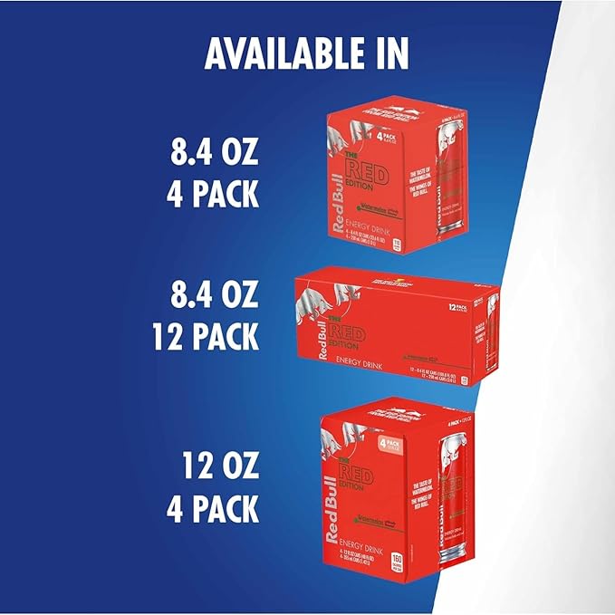 Red Bull Red Edition Energy Drink, Watermelon, with 114mg Caffeine plus Taurine & B Vitamins, 12 Fl Oz, Pack of 4 Cans
