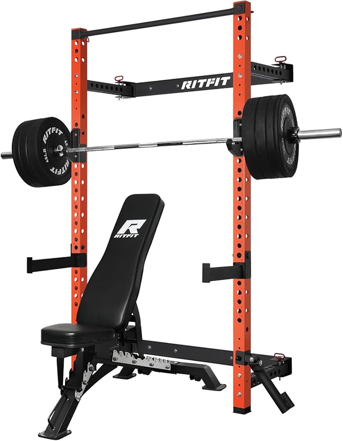RitFit Multi-Functional Folding Squat Rack for Home Gym, 2.36'' x 2.36'' Wall Mounted Squat Rack with Attachments - Space Saving Squat Power Rack
