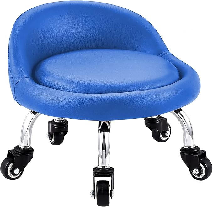 Lanstics Low Roller Seat Stool with Universal Swivel Wheels Leather Rolling Stool Seats with Cushion Backrest 360 Rolling Stools for Home Office Fitness (Blue)