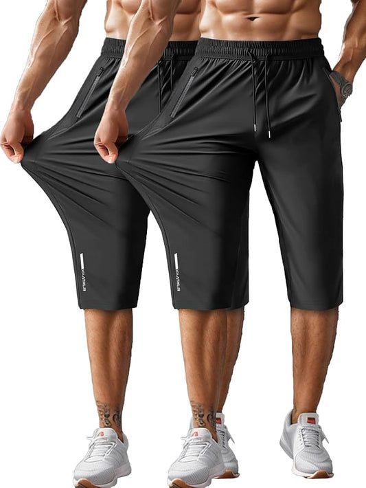 Men's Capri Pants 3/4 Joggers Gym/Workout/Hiking Below Knee Long Shorts Lightweight Quick Dry with Zipper Pockets