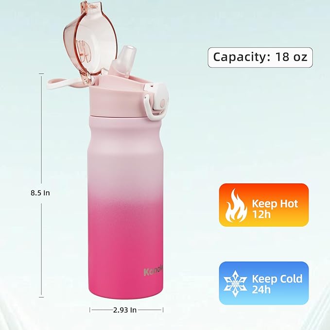 Insulated Water Bottle with Straw and Carry Loop,18 oz Stainless Steel Double Wall Vaccum Metal Water Flask with Leak-proof Lid,Cherry