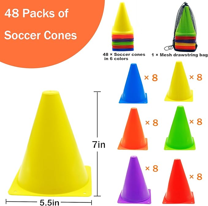 12/24/48Pcs Soccer Cones,7" or 9" Soccer Cones for Training, Multicolor Cones Sports Soccer Training Cones, Field Cones for Skating Basketball Football Drills Practice