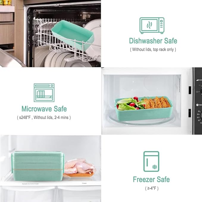 Iteryn Bento Box Lunch Box, 3-In-1 Compartment Containers - Wheat Straw, Leakproof Stackable Bento Lunch Box Meal Prep