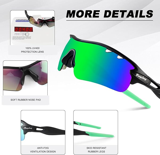 BangLong Polarized Sports Sunglasses Cycling Sun Glasses for Men Women with 5 Interchangeable Lenes for Running Baseball Golf