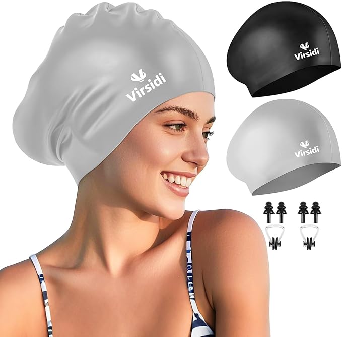 2 Pack Large Swim Caps for Long Hair, Silicone Swimming Cap for Adult Women Men, Waterproof Swim Hats Bathing Caps to Keep Hair Dry with Bonus Nose Clip and Earplugs