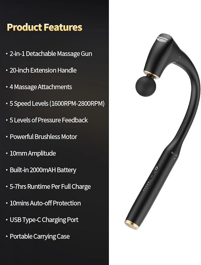 2-in-1 Detachable Percussion Massage Gun with Extension Handle, Back Massager for Pain Relief Deep Tissue Muscle Massager for Arm Shoulder Lower Back Thigh Waist, Gifts for Women, FSA-HSA Eligible