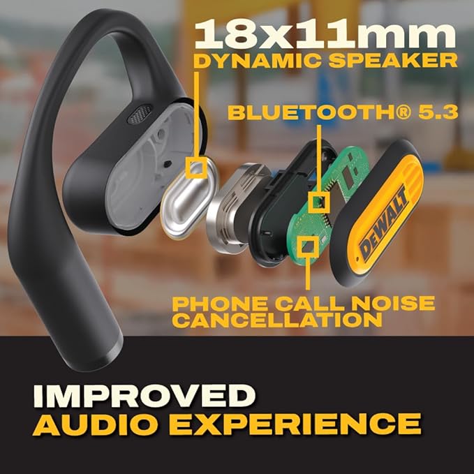 DEWALT Heavy Duty Open Ear Headphones, Bluetooth 5.3 Wireless Earbuds with 44Hrs Runtime, Jobsite Premium Sound True Wireless Air Conduction Open Ear Earbuds with Earhooks for Worksites and Workouts