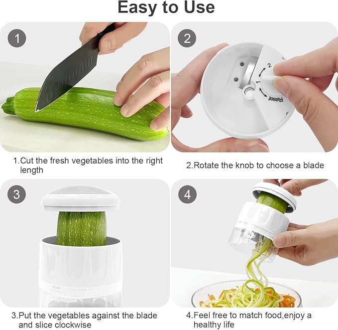 3 in 1 Vegetable Spiralizer Slicer, Adjustable Zucchini Carrot Noodle Maker, Cucumber Spiral Cutter, Easy to Use Kitchen Tool（White）