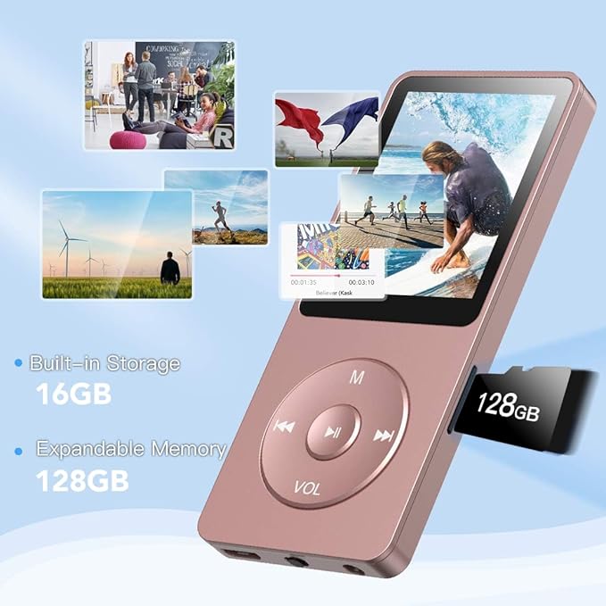 AGPTEK A02S 16GB MP3 Player, 70 Hours Playback Lossless Sound Music Player, Supports up to 128GB, Rose Gold