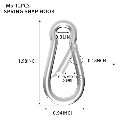 12PCS M5 Spring Snap Hook Carabiner, Heavy Duty Galvanized Steel Carabiner Clip, 220LBS Holding Capacity Spring Clips for Hammock Swing Outdoor Travel