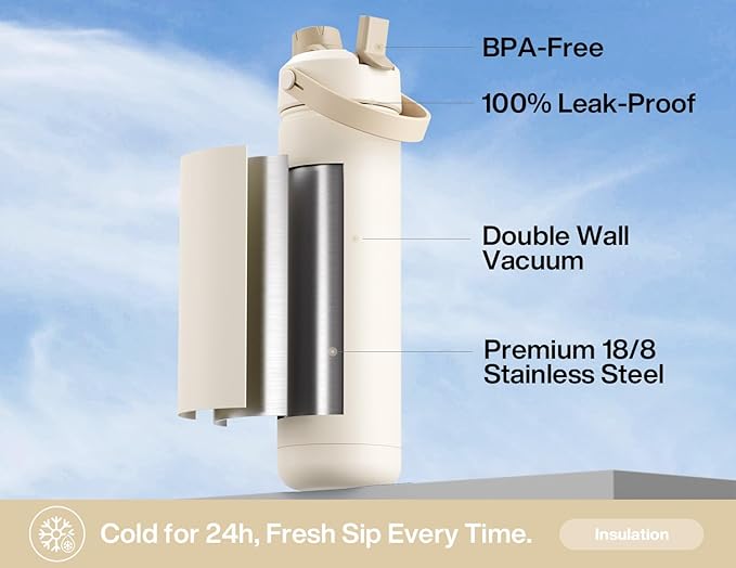 26 oz Insulated Water Bottle with 2-in-1 Straw and Spout Lid, Keep Cold 24H, Leak-Proof, Fits in Car Cup Holder, Stainless Steel Water Bottle for Sports, Travel, Gym, and School (Mushie Muse)