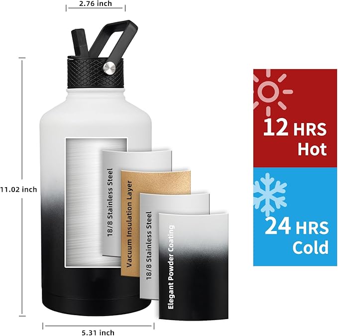 Insulated Water Bottle 64oz,Triple Wall Vacuum Stainless Steel(Dishwasher Safe),Leak Proof & Non-BPA,Flask Jug with Paracord Handle & Straw Spout Lids Sports