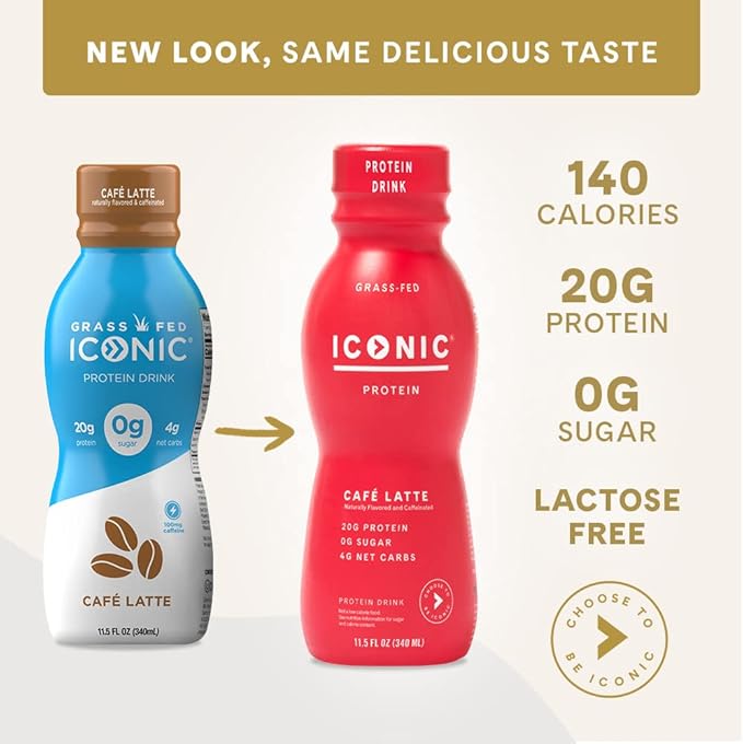 Iconic Protein Drinks, Café Latte (12 Pack) - Sugar Free & Low Carb - 20g Protein + 100mg Caffeine - Lactose Free, Gluten Free - Keto Friendly Protein Coffee