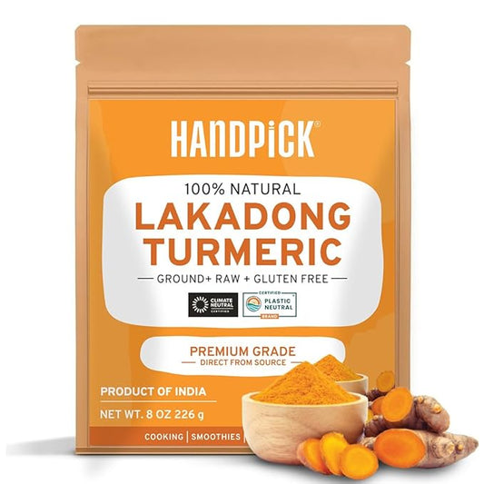 HANDPICK Lakadong High Curcumin Turmeric Powder (226g/ 8oz) Non GMO, Gluten Free, 100% Raw, Sourced from India, High Curcumin, Premium Quality, Packed in Resealable Ziplock Pouch