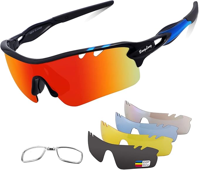 BangLong Polarized Sports Sunglasses Cycling Sun Glasses for Men Women with 5 Interchangeable Lenes for Running Baseball Golf