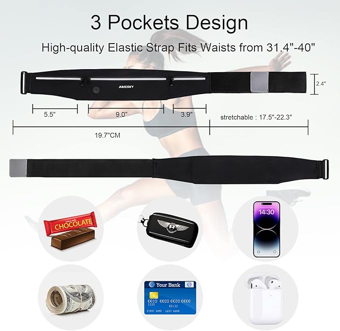GUZACK Slim Running Belt for Phone 6.8'', Ultra Light Running Belts for Women/Men, Zipper Waterproof Running Waist Pack, Reflective Running Fanny Pack With 3 Separate pouch