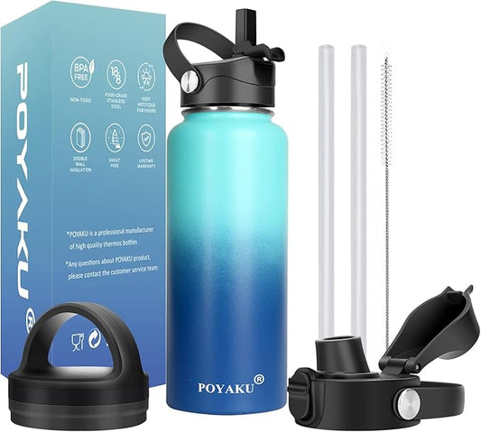 Water Bottle Insulated 32oz 40oz 64oz 128oz Straw Lid Spout Lid & 3 Lids, Leak Proof, Vacuum Insulated,Stainless Steel Water Bottle Wide Mouth for Sports, Gym or Office