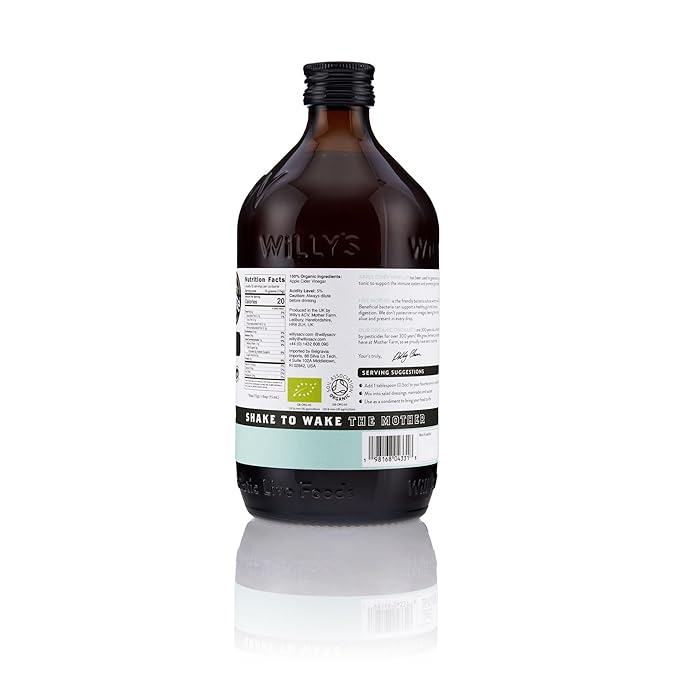 Willy's Organic ACV Apple Cider Vinegar with Mother - Probiotocs for Detox and Gut Health. 16.9oz Glass Bottle