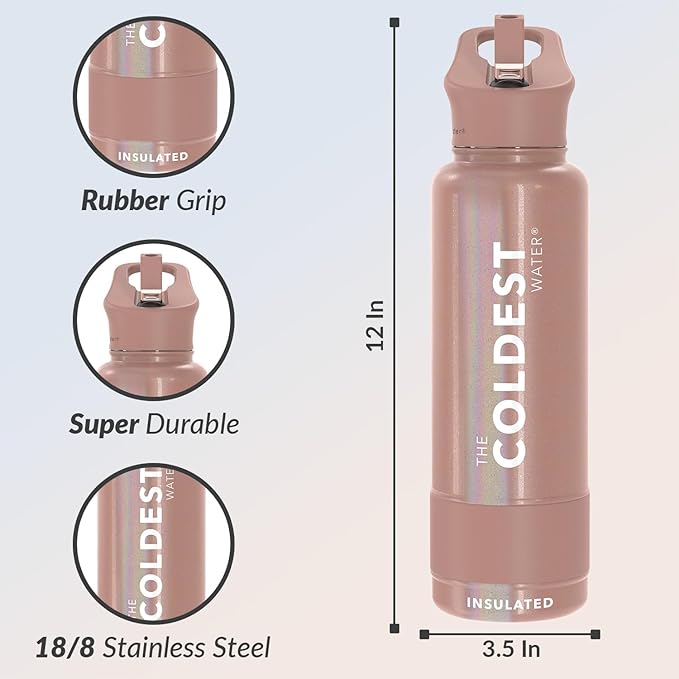 Coldest Insulated Water Bottle with Straw Lid - Stainless Steel Metal Insulated Bottle for Men & Women (Golden Rose Glitter, 40 oz)