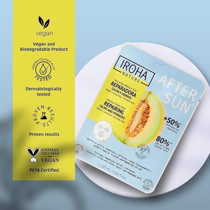 IROHA NATURE AFTERSUN Face Mask – Soothing & Hydrating Care After Sun Exposure | 15 Pack | With Melon, Chamomile & Aloe Vera