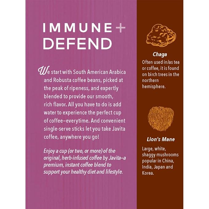 Mushroom Coffee by Javita, Immune & Defend Blend of Chaga, Lion's Mane and Dark Roast Coffee for Morning Boost, Antioxidant Support; Keto-friendly, 4 boxes of 24 (3.5g) Sticks, 96 ct