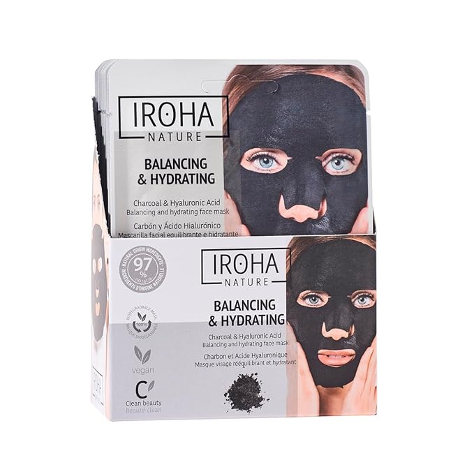 IROHA NATURE Rebalancing & Hydrating Tissue Face Mask | 15 Pieces | With Charcoal & Hyaluronic Acid | Deep Purifying for Clean, Clear Skin | Results in 15 Minutes | 100% Vegan