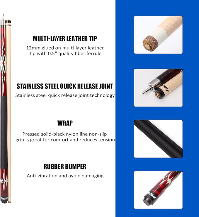 GSE Games & Sports Expert 58" 2-Piece Canadian Maple Hardwood Billiard Pool Cue Sticks for Men/Women, House or Commercial/Bar Use (Several Colors, Weight 18oz, 19oz, 20oz, 21oz Available)