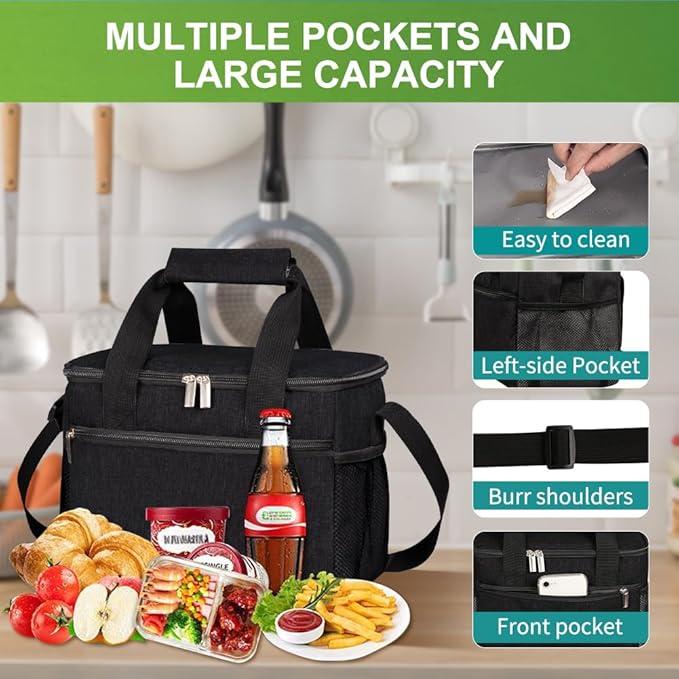 iknoe Large Foldable Cooler Bag, 8.5L Insulated Lunch Bag, Leakproof Lunch Cooler Tote with Multi-Bag Design Suitable for Beach, Picnic and Office Use, Black 15-Can