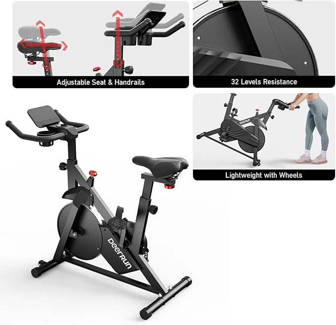 DeerRun Exercise Bike, Indoor Cycling Bike Brake Pad/Adjustable Magnetic Stationary Bike with App, Low Noise Workout Bike for Home Cardio 300lbs Weight Capacity with Pad Mount & LCD Monitor