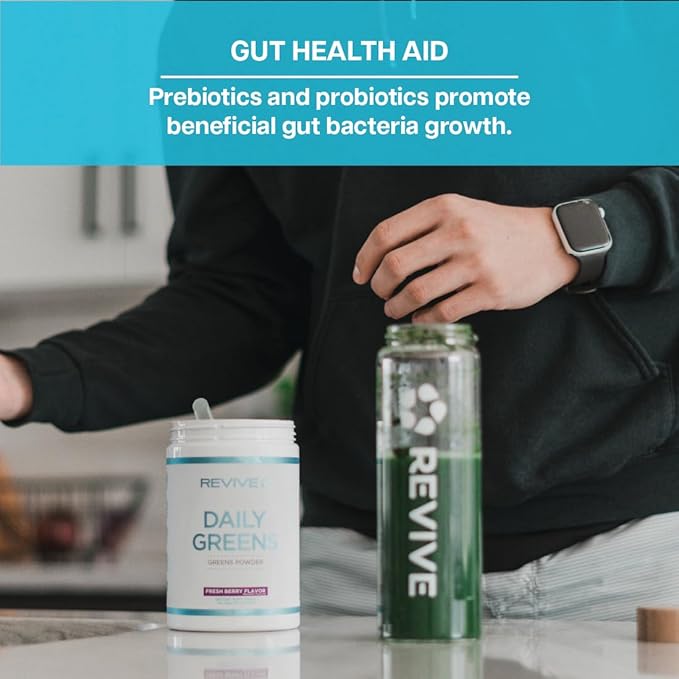 Revive MD Daily Green Powder Superfood (Fresh Berry) - Supergreens Powder to Support Energy Levels - Green Juice That Improves Fiber Intake - Vegetable Supports Digestion and Gut Health