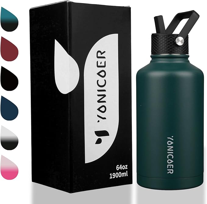 Insulated Water Bottle 64oz,Triple Wall Vacuum Stainless Steel(Dishwasher Safe),Leak Proof & Non-BPA,Flask Jug with Paracord Handle & Straw Spout Lids Sports