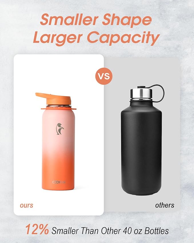 Coolflask Insulated Water Bottle with Straw, 40 oz Metal Water Flask with Straw & Spout Lids, Stainless Steel Double Wall Vacuum, Keep Cold 48h Hot 24h, Leak Proof & Non-BPA, Sunny Orange
