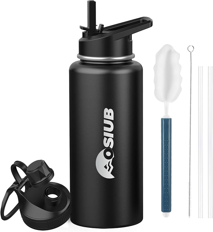 Insulated Water Bottle 32 oz, Triple Wall Vacuum Stainless Steel(Cold for 48 Hrs),Leak Proof & BPA-Free,Simple Modern Water Bottle with Drink-Through Lid & Flip Straw for Sports & Travel, Black