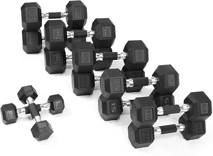 WF Athletic Supply Rubber Encased Hex Dumbbells with Rubber Grip Contoured Handle for Muscle Toning, Strength Building & Full Body Workout