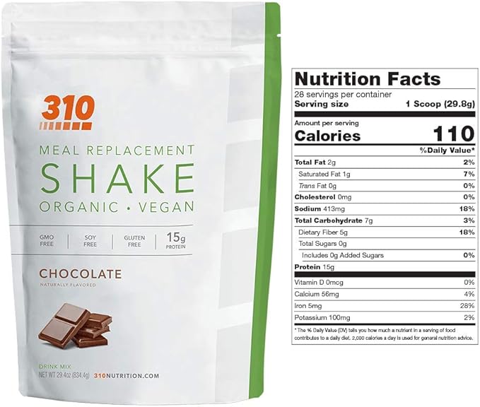 310 Nutrition Organic All-In-One Meal Replacement Shake Powder - Plant-Based Protein Smoothie Blend w/Fiber, Probiotics & Adaptogens - Low Carb, Vegan, Keto & Paleo - Chocolate - 28 Servings