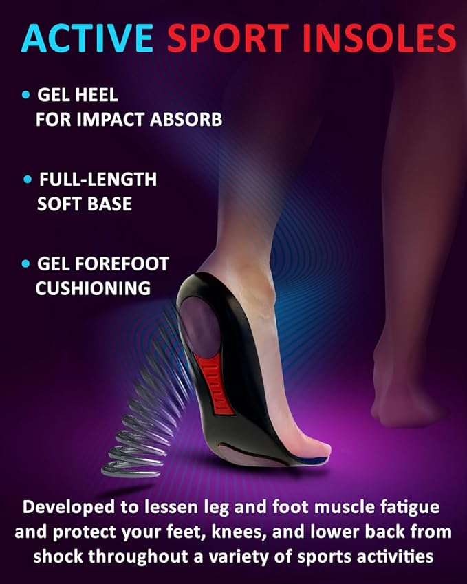 Sport Shock Absorbing Insoles - Athletic Shoe Cushioning Inserts for Men and Women - Ideal for Active Sports Running Training Hiking - Neutral Arch Good for Sneakers Shoes (S, Indigo)