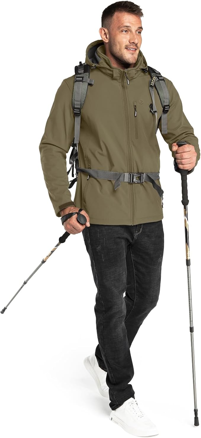 Outdoor Ventures Men's Lightweight Softshell Jacket Fleece Lined Hooded Water Resistant Winter Hiking Windbreaker Jackets