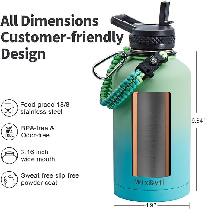 64 oz Insulated Water Bottle with Straw (Cold for 48 Hrs), Half Gallon Stainless Steel Triple Wall Vacuum Sports Water Jug, Leakproof Hydro Cup Flask with Straw Spout Lids & DIY Stickers