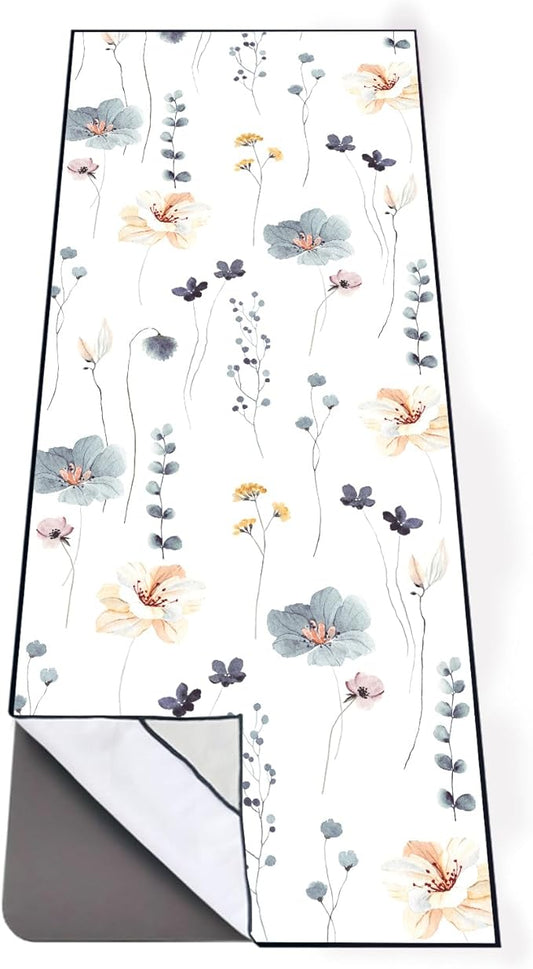 QiyI Floral Yoga Mat Towel with Corner Pockets, Non Slip Sweat Absorbent Hot Yoga Towels, Soft Yoga Blankets with Travel Bag, Mat Cover for Workout, Gym, Fitness - 70"x26", Watercolor Flowers