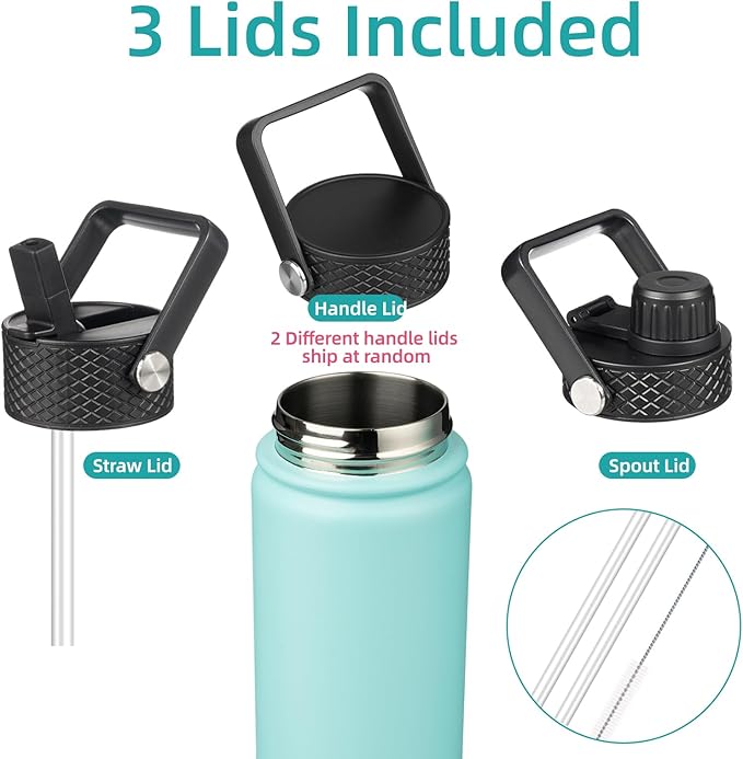 Insulated Water Bottle 24oz Stainless Steel Sport Bottles with 3 Lids,Turquoise