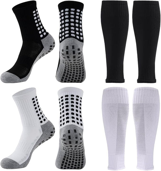 2 Set Anti-Slip Grip Soccer Socks with Shin Guard Sleeves, Sports Athletic Socks for Men Women